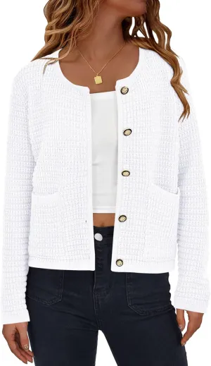 Women's Button Down Cardigan Sweater Chunky Open Front Crew Neck Causal Long Sleeve Knit Outwear with Pockets