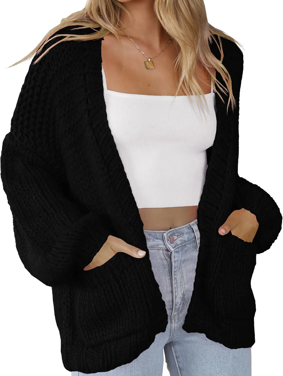 Women's Cardigan Soft Pocketed Long Sleeves Casual Knitted Open Front Cardigans Lightweight Sweaters