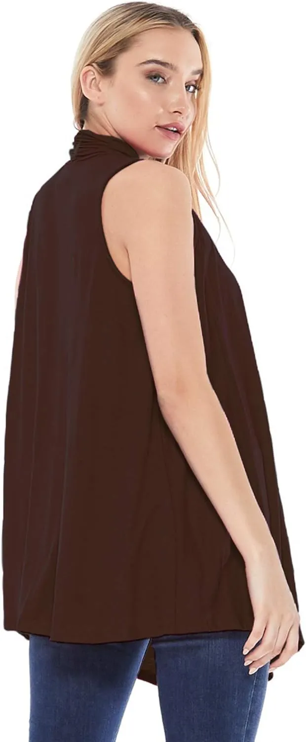 Women's Casual Solid Comfy Sleeveless Draped Open Front Vest Cardigan/Made in USA