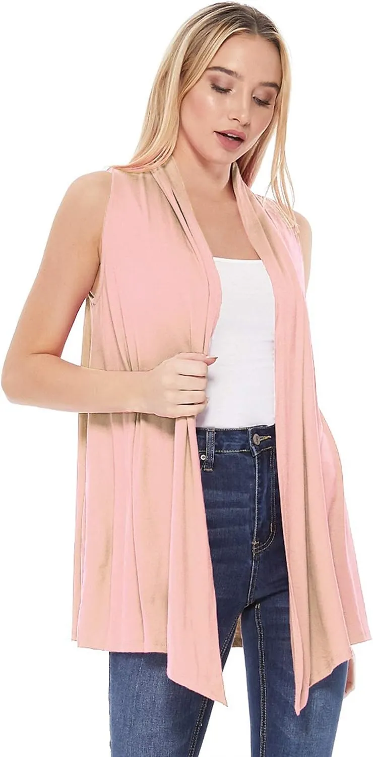 Women's Casual Solid Comfy Sleeveless Draped Open Front Vest Cardigan/Made in USA