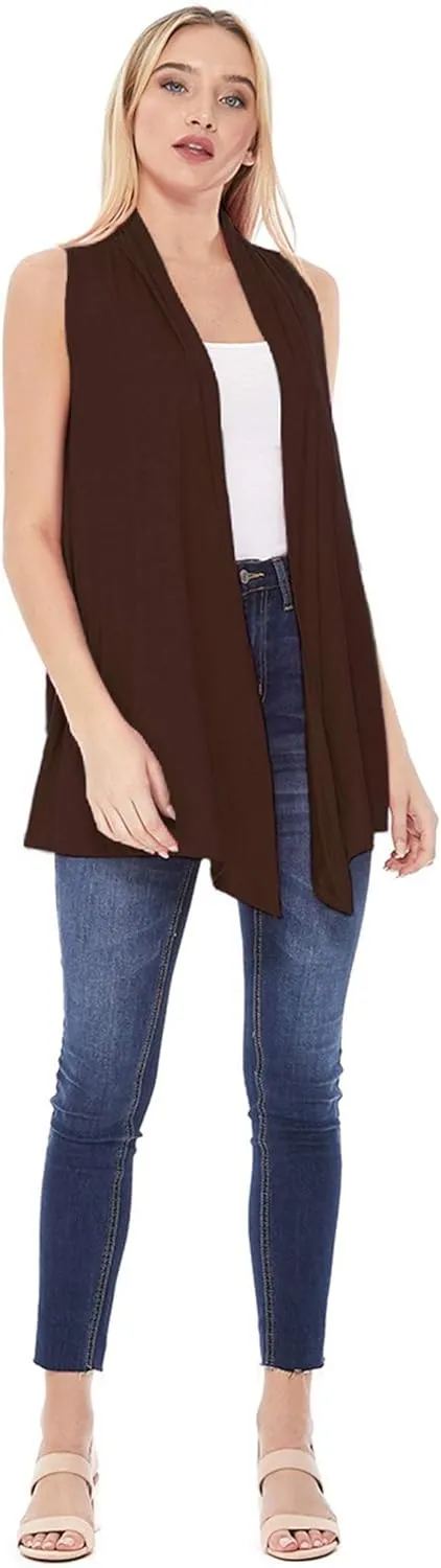Women's Casual Solid Comfy Sleeveless Draped Open Front Vest Cardigan/Made in USA