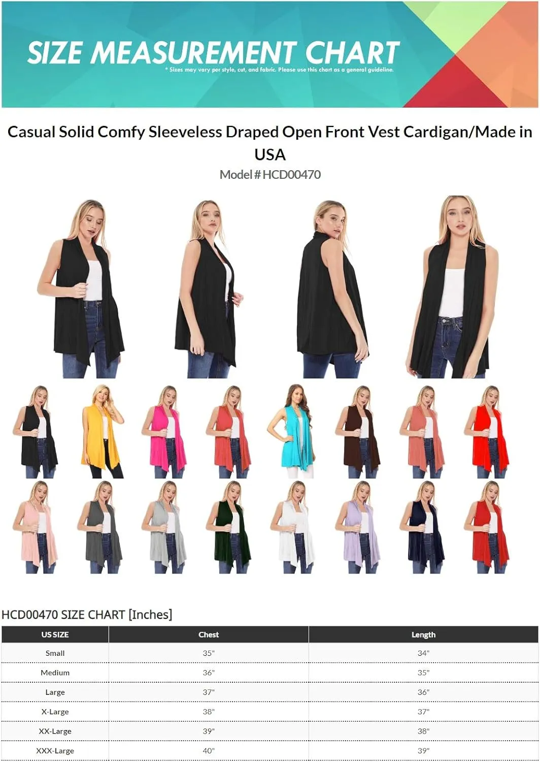 Women's Casual Solid Comfy Sleeveless Draped Open Front Vest Cardigan/Made in USA