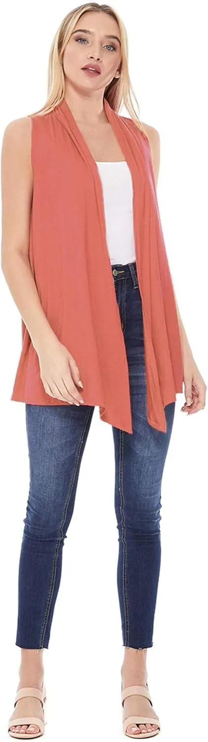 Women's Casual Solid Comfy Sleeveless Draped Open Front Vest Cardigan/Made in USA
