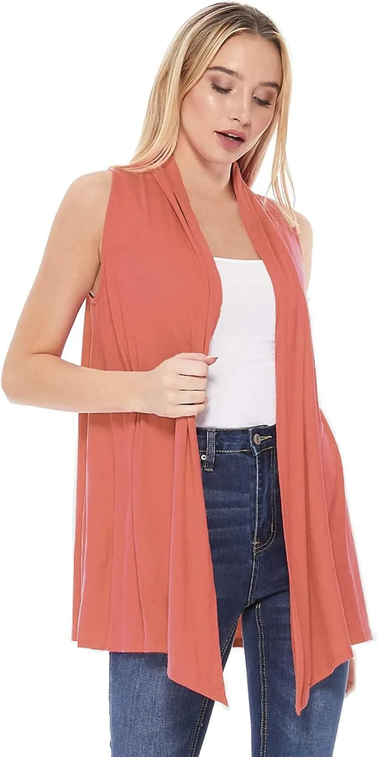 Women's Casual Solid Comfy Sleeveless Draped Open Front Vest Cardigan/Made in USA