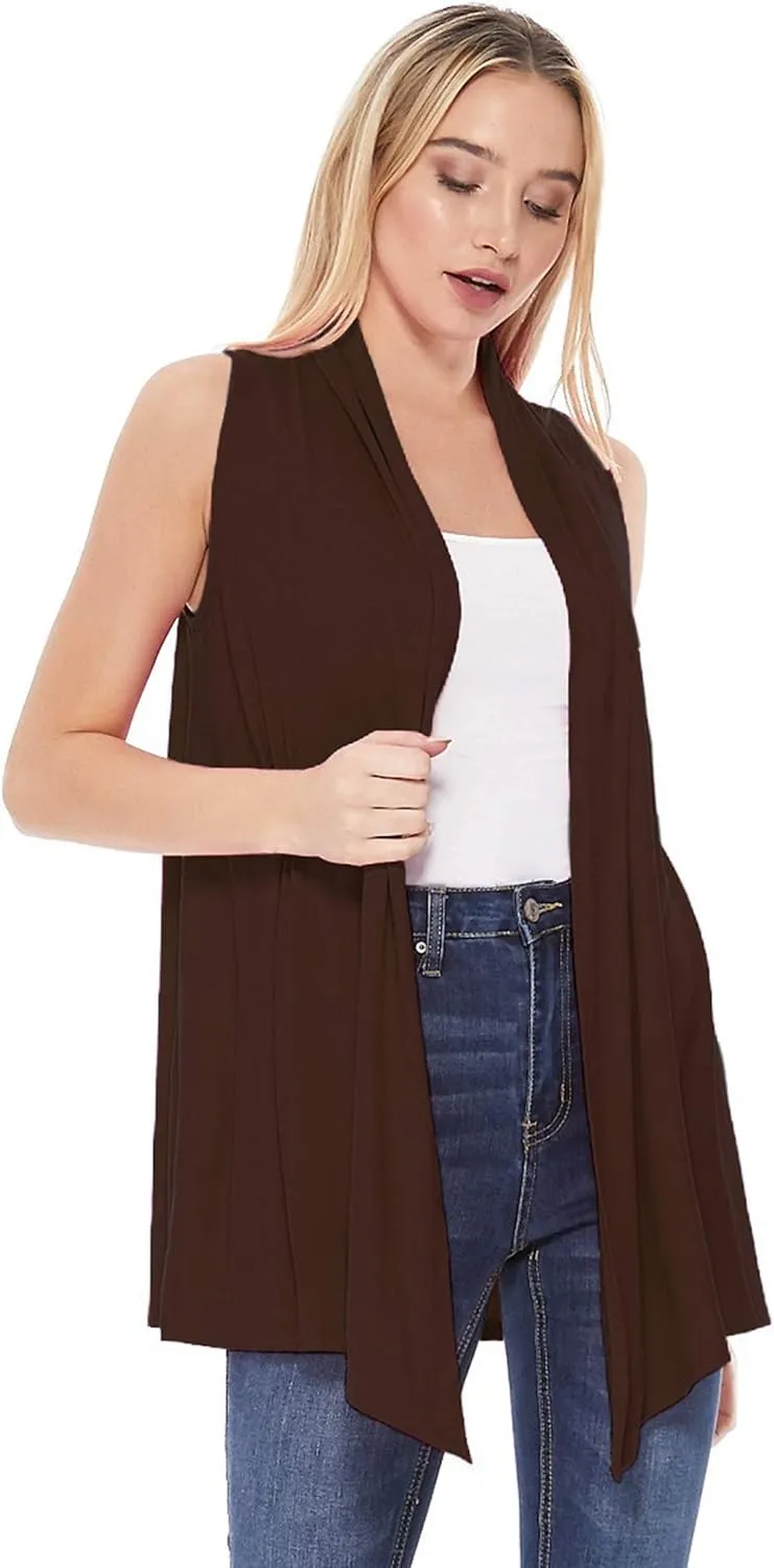 Women's Casual Solid Comfy Sleeveless Draped Open Front Vest Cardigan/Made in USA