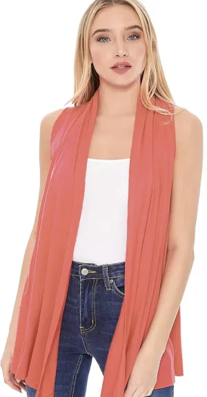 Women's Casual Solid Comfy Sleeveless Draped Open Front Vest Cardigan/Made in USA