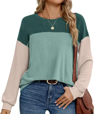 Womens Color Block Long Sleeve Crewneck Knitted Casual Loose Pullover Shirts Tops