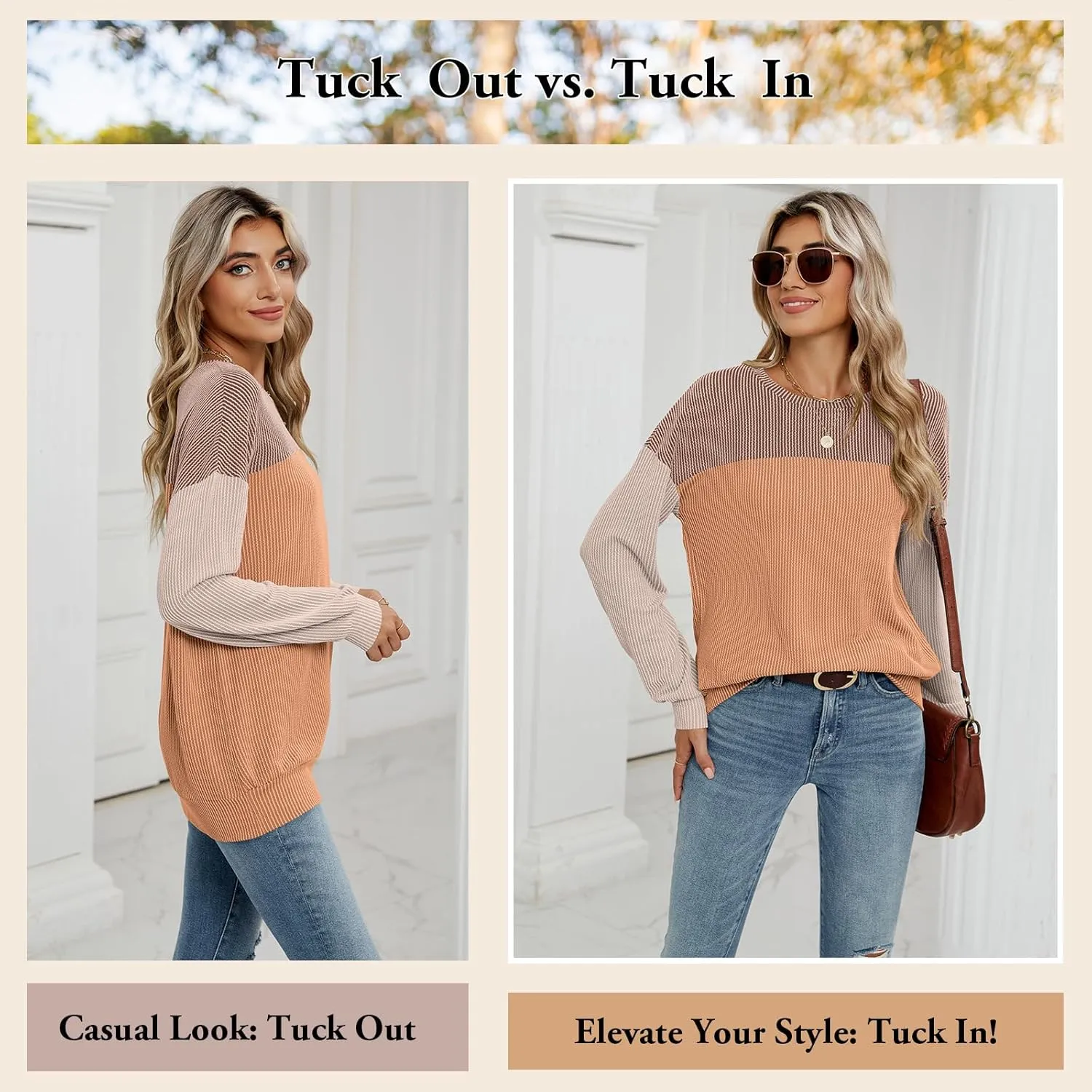 Womens Color Block Long Sleeve Crewneck Knitted Casual Loose Pullover Shirts Tops