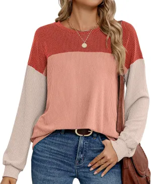 Womens Color Block Long Sleeve Crewneck Knitted Casual Loose Pullover Shirts Tops