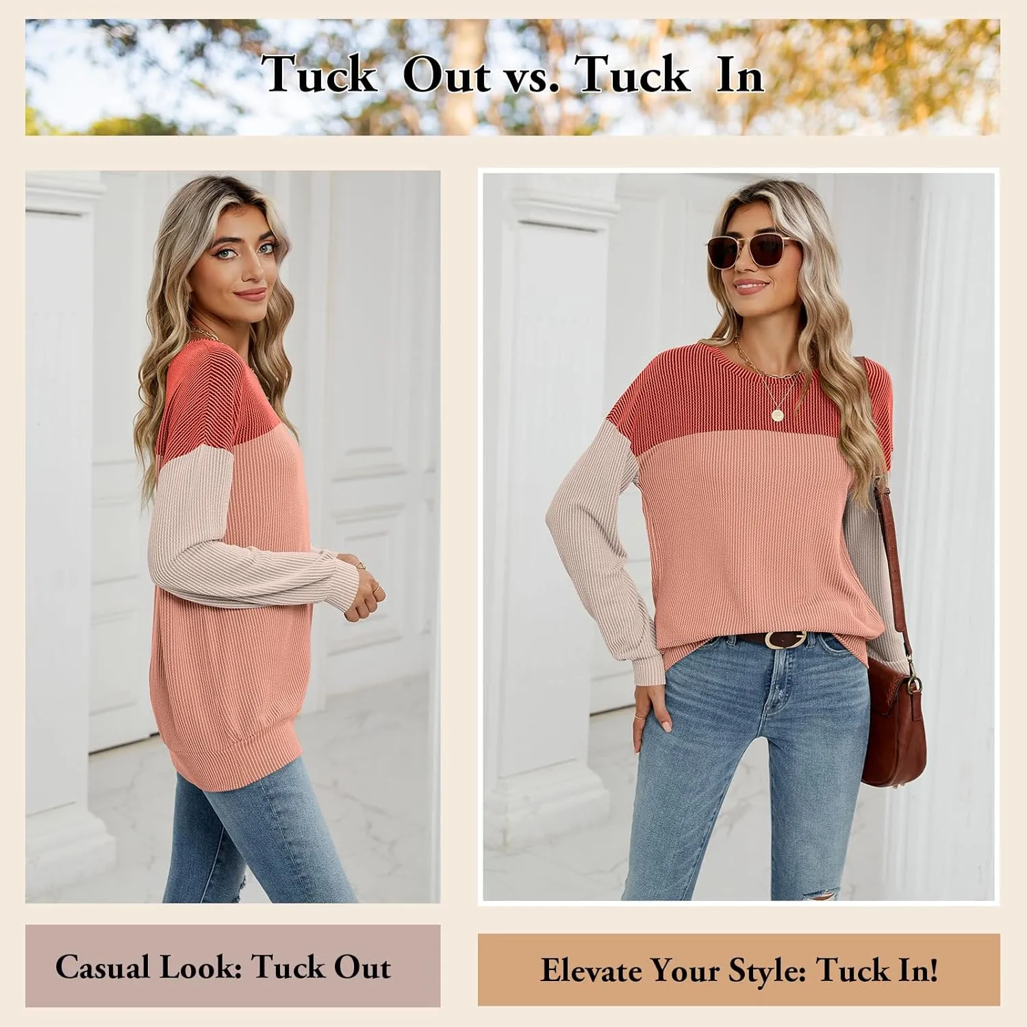 Womens Color Block Long Sleeve Crewneck Knitted Casual Loose Pullover Shirts Tops