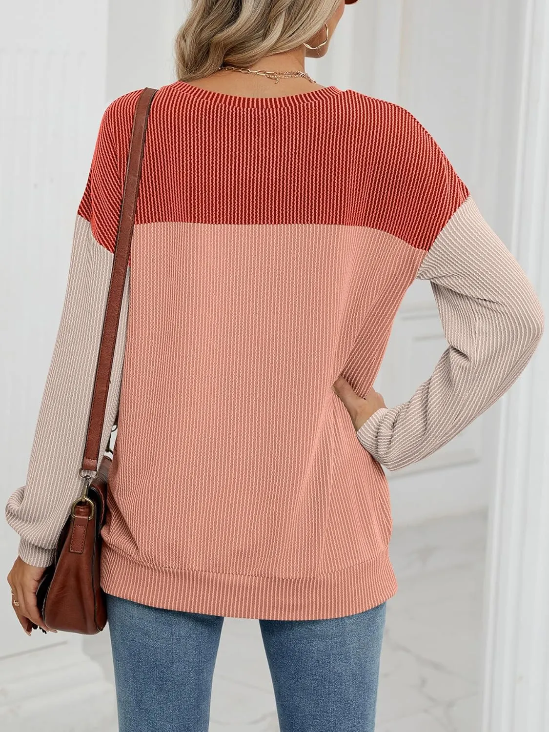 Womens Color Block Long Sleeve Crewneck Knitted Casual Loose Pullover Shirts Tops