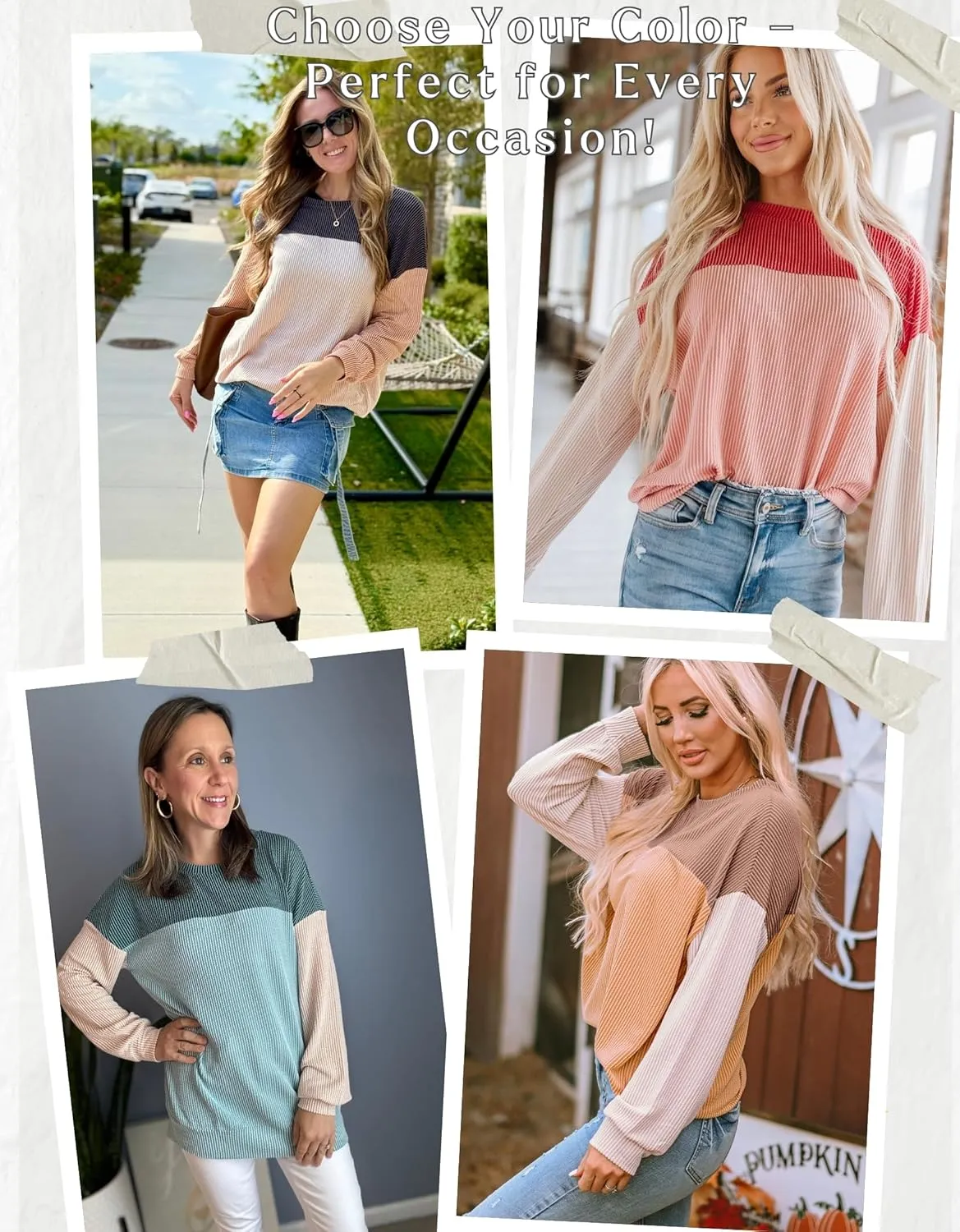Womens Color Block Long Sleeve Crewneck Knitted Casual Loose Pullover Shirts Tops