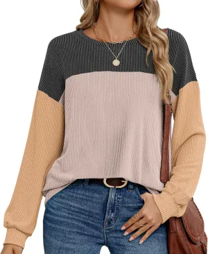 Womens Color Block Long Sleeve Crewneck Knitted Casual Loose Pullover Shirts Tops