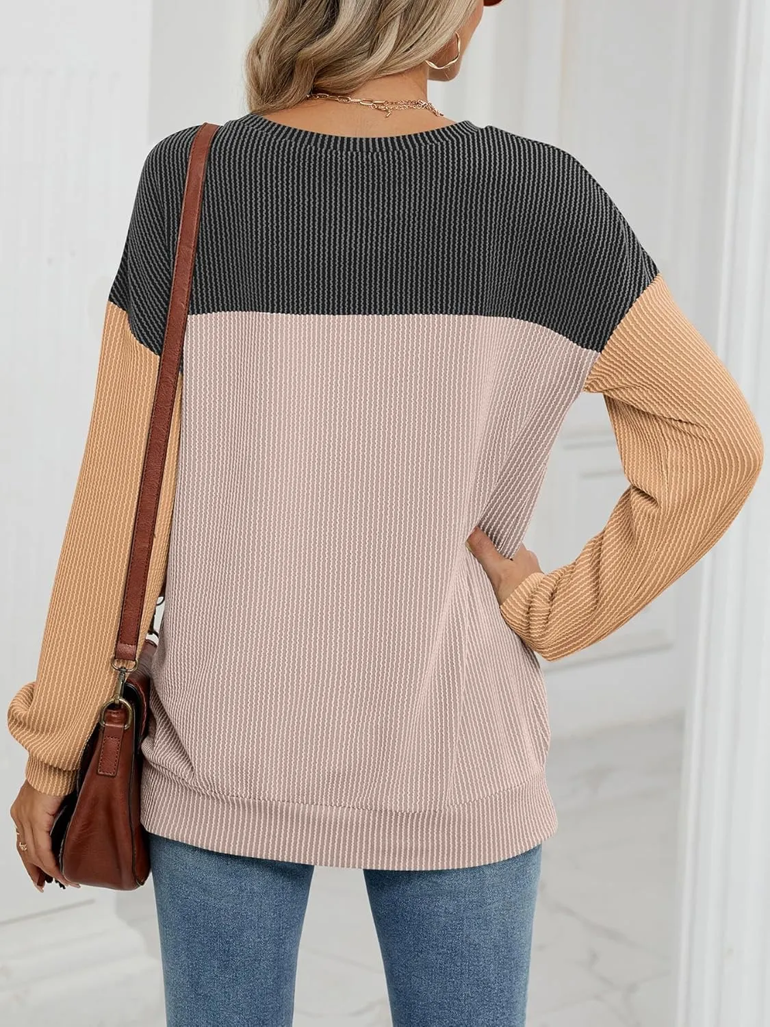 Womens Color Block Long Sleeve Crewneck Knitted Casual Loose Pullover Shirts Tops