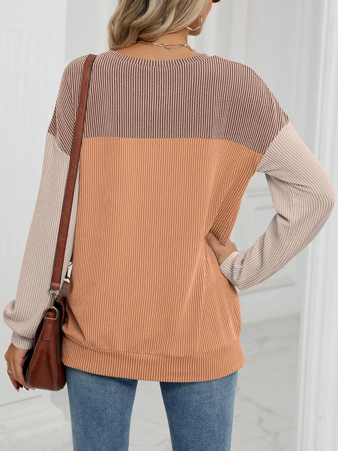 Womens Color Block Long Sleeve Crewneck Knitted Casual Loose Pullover Shirts Tops