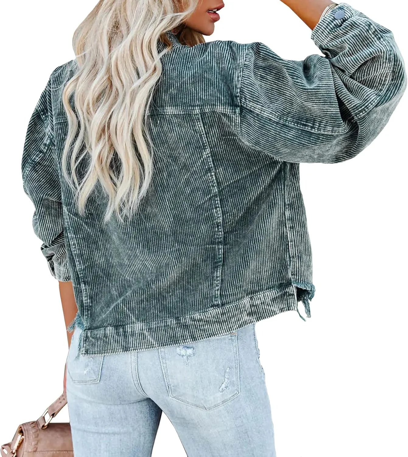 Womens Corduroy Jackets - Y2K Cropped Casual Button Down Jacket Retro Washed Frayed Hem Shacket Coat