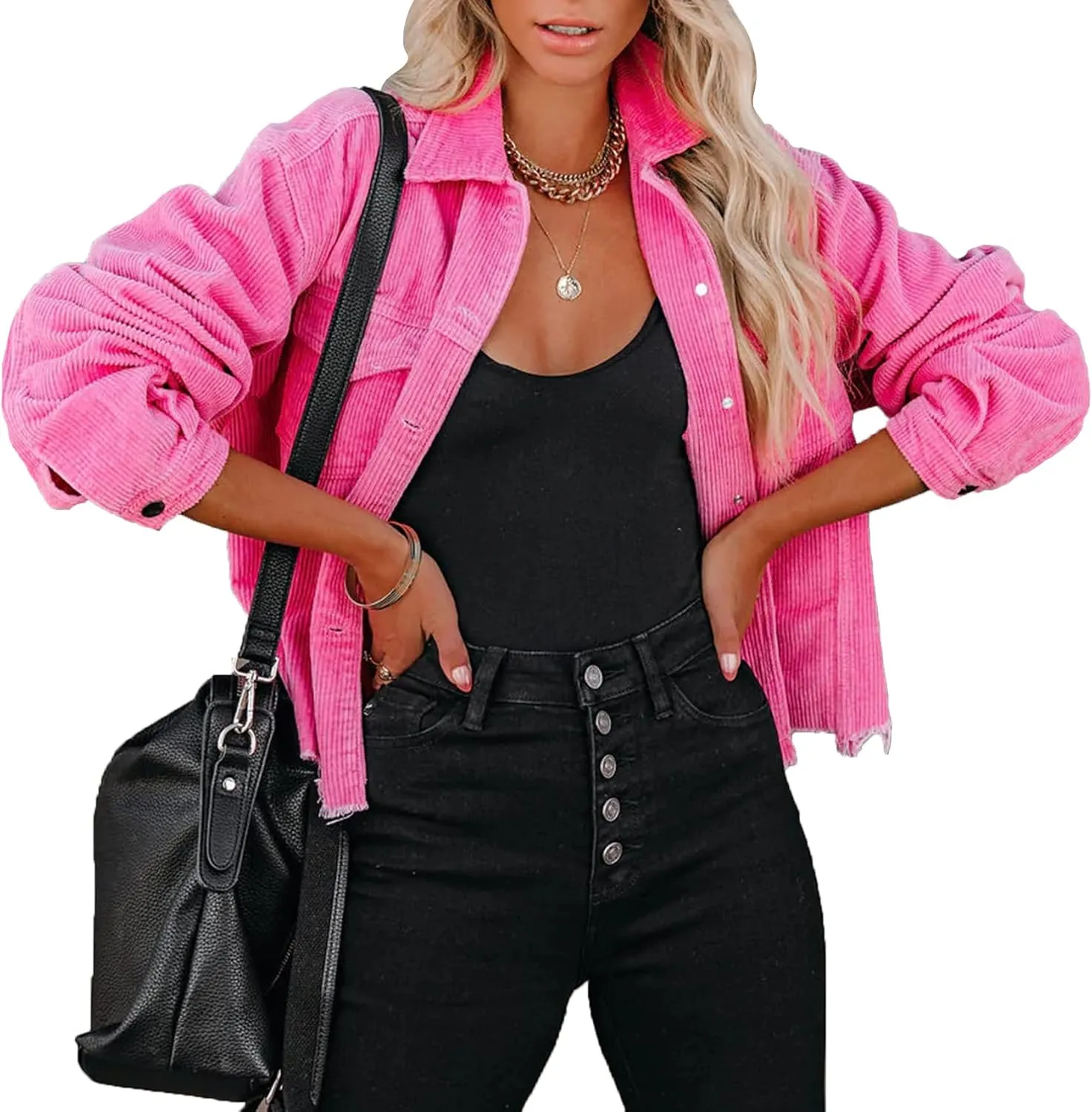 Womens Corduroy Jackets - Y2K Cropped Casual Button Down Jacket Retro Washed Frayed Hem Shacket Coat