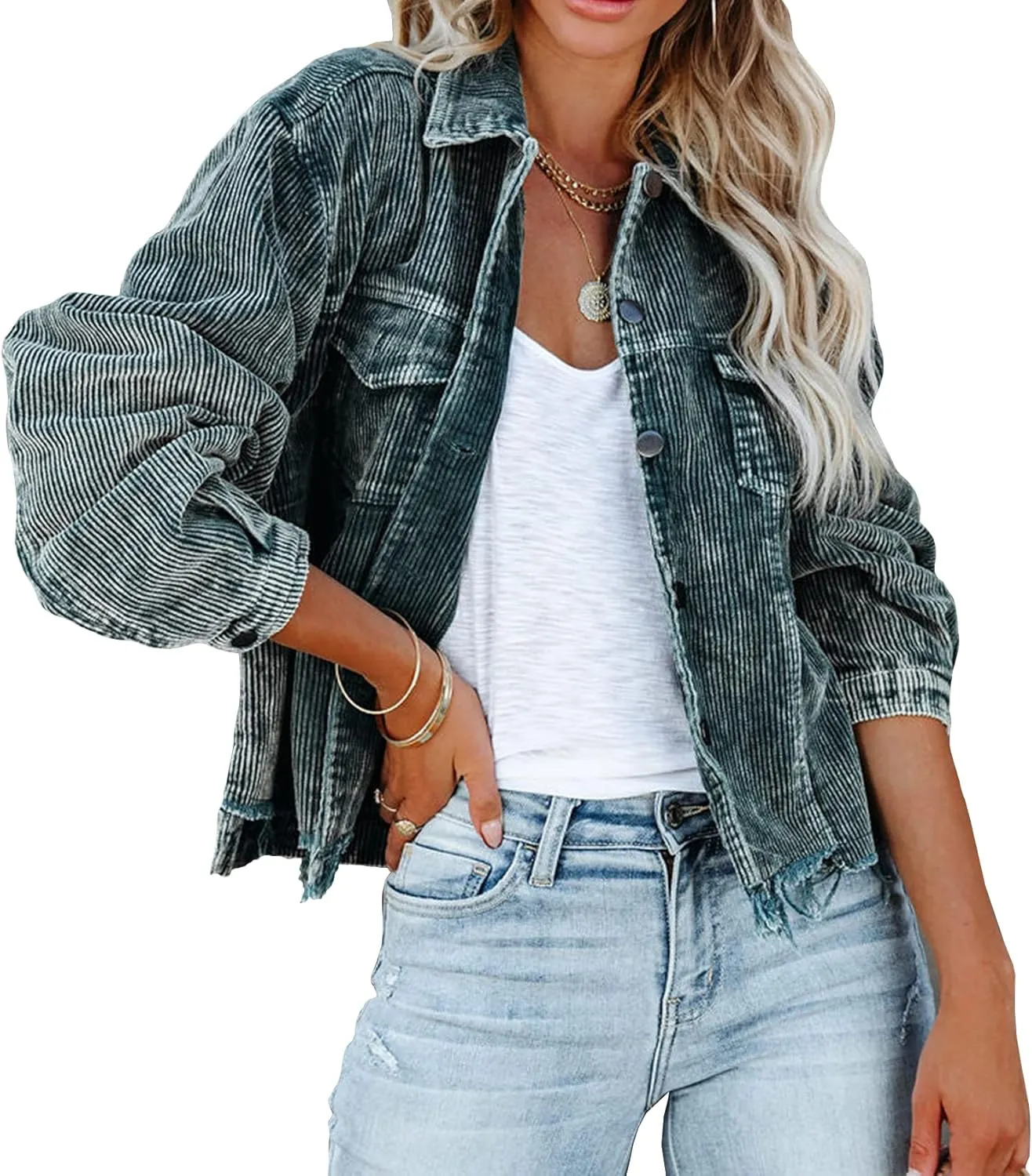 Womens Corduroy Jackets - Y2K Cropped Casual Button Down Jacket Retro Washed Frayed Hem Shacket Coat