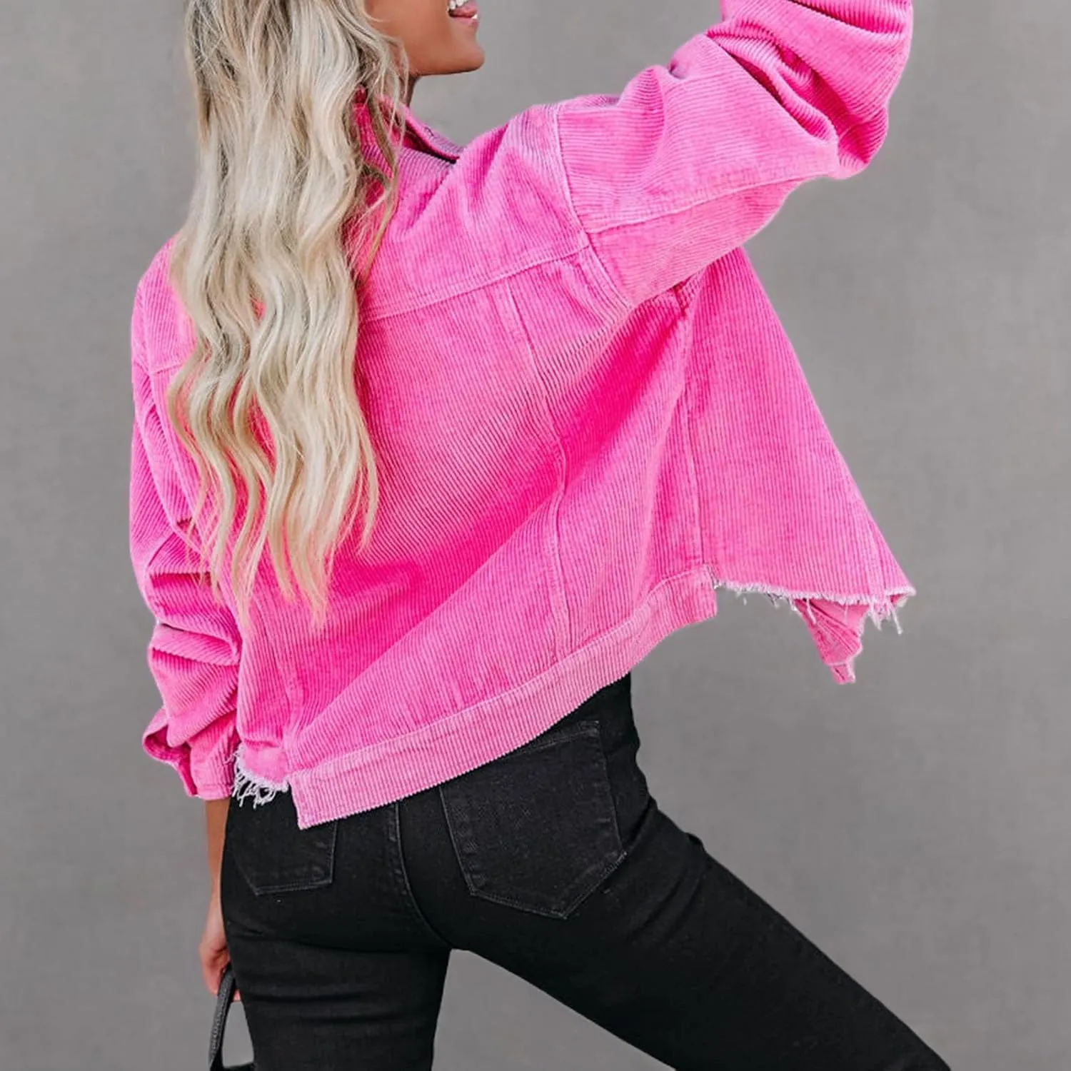 Womens Corduroy Jackets - Y2K Cropped Casual Button Down Jacket Retro Washed Frayed Hem Shacket Coat