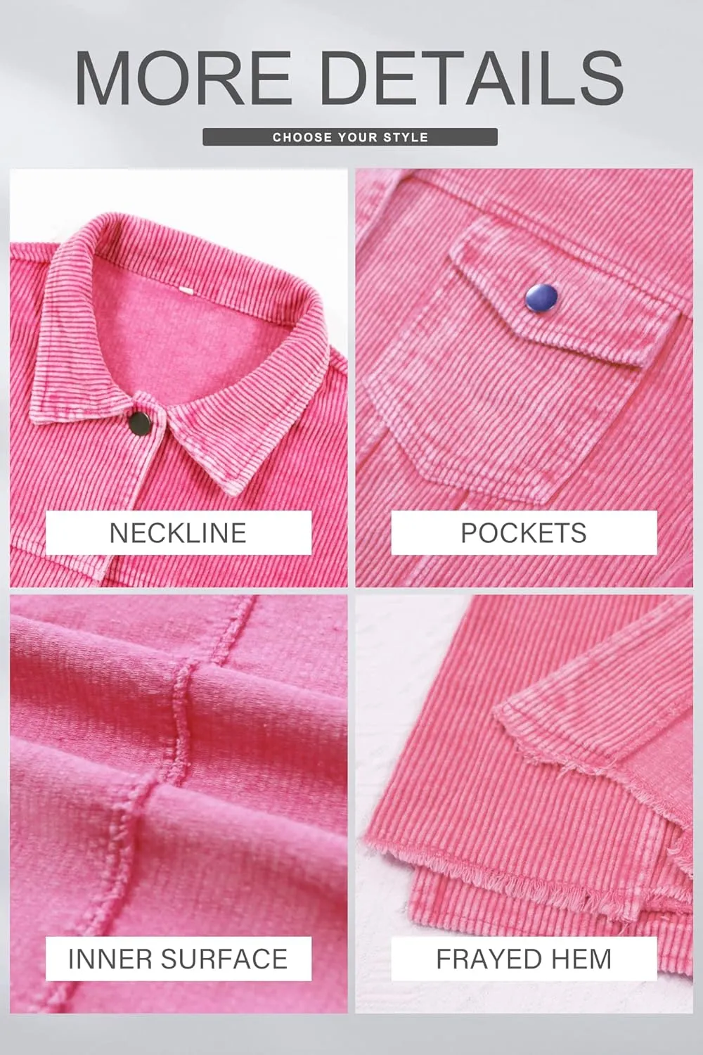 Womens Corduroy Jackets - Y2K Cropped Casual Button Down Jacket Retro Washed Frayed Hem Shacket Coat