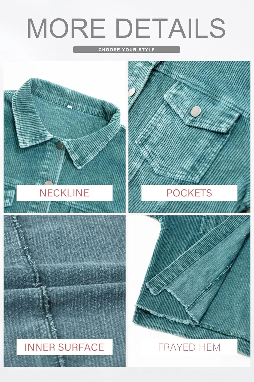Womens Corduroy Jackets - Y2K Cropped Casual Button Down Jacket Retro Washed Frayed Hem Shacket Coat
