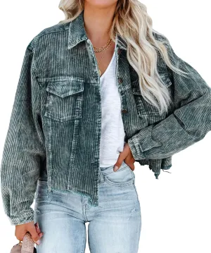 Womens Corduroy Jackets - Y2K Cropped Casual Button Down Jacket Retro Washed Frayed Hem Shacket Coat