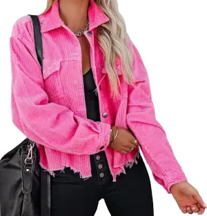 Womens Corduroy Jackets - Y2K Cropped Casual Button Down Jacket Retro Washed Frayed Hem Shacket Coat