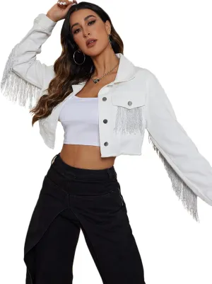 Womens Crop Denim Jacket Tassel Casual Jean Coat With Fringe