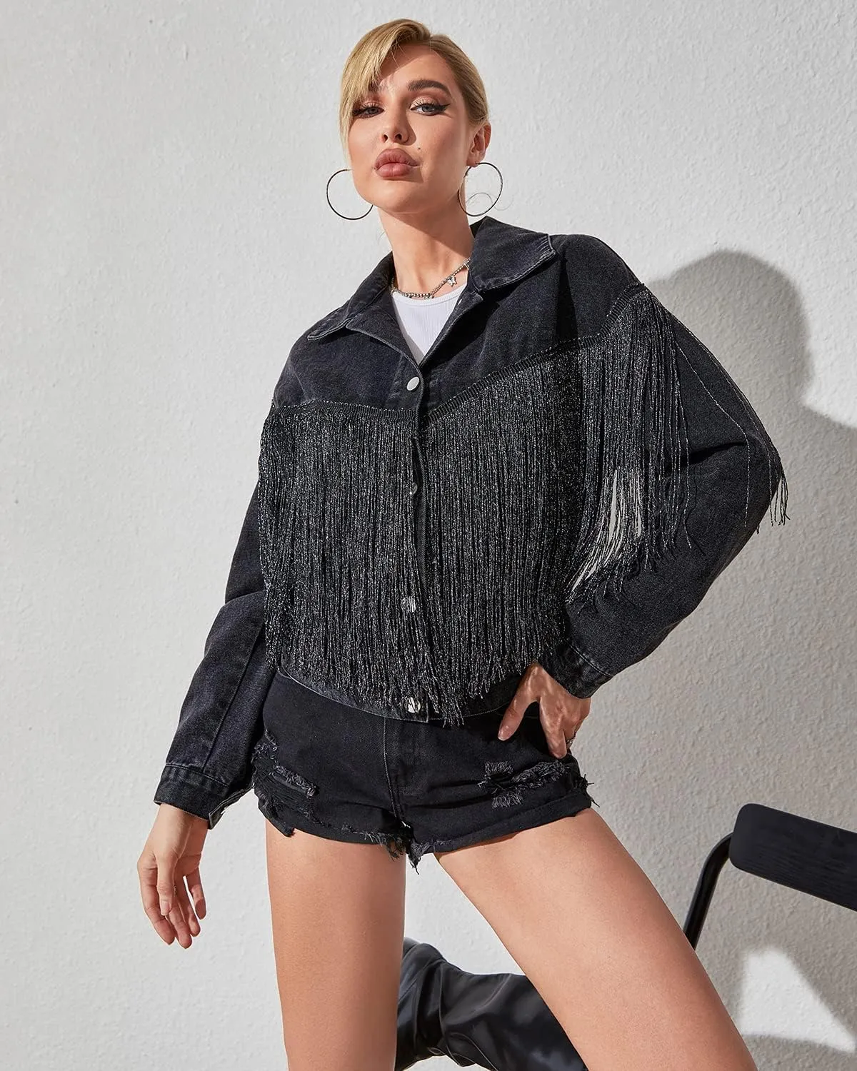 Womens Crop Denim Jacket Tassel Casual Jean Coat With Fringe