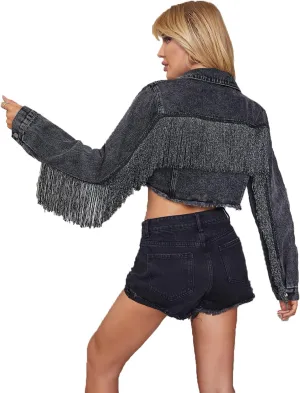 Womens Crop Denim Jacket Tassel Casual Jean Coat With Fringe