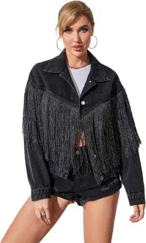 Womens Crop Denim Jacket Tassel Casual Jean Coat With Fringe