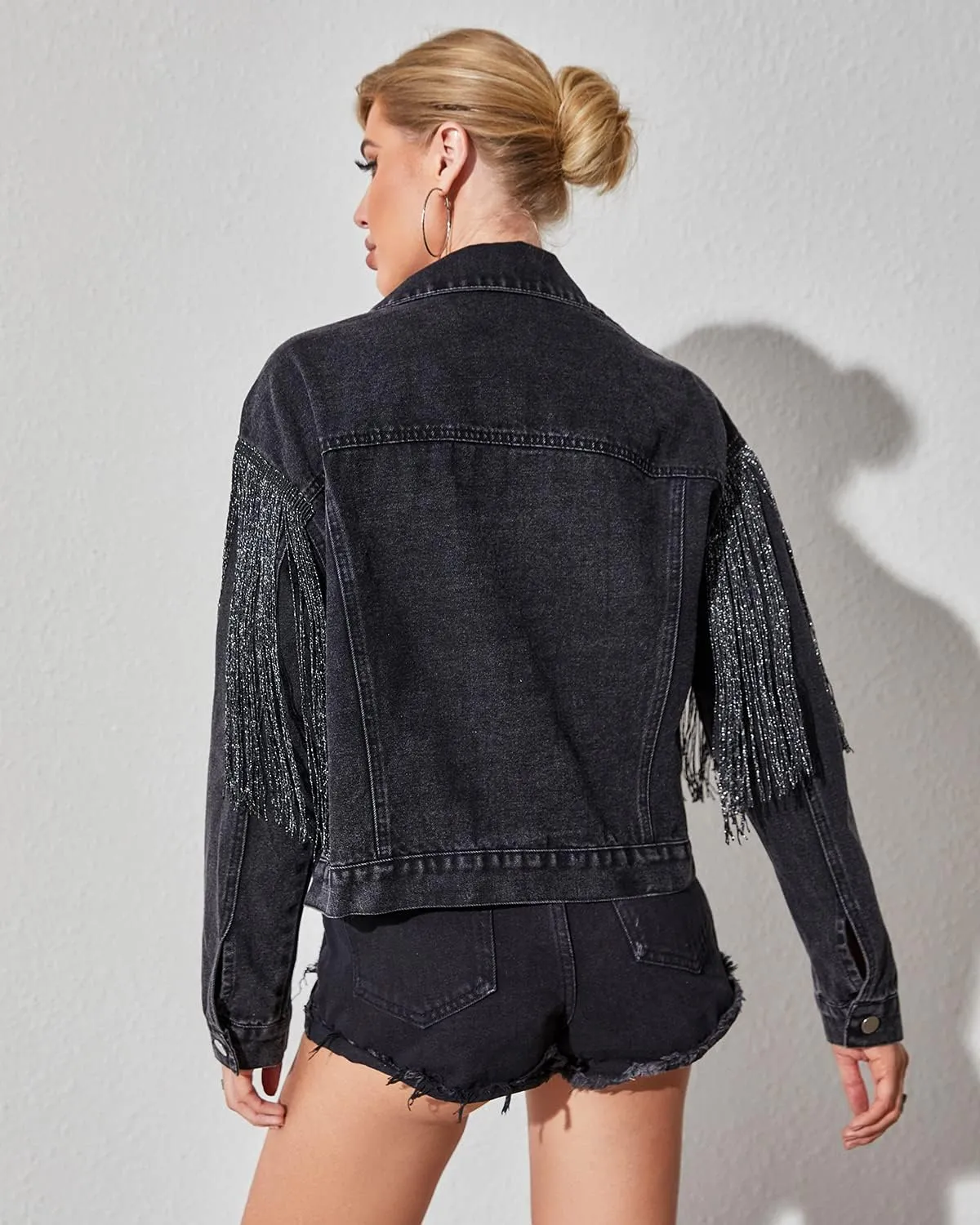 Womens Crop Denim Jacket Tassel Casual Jean Coat With Fringe