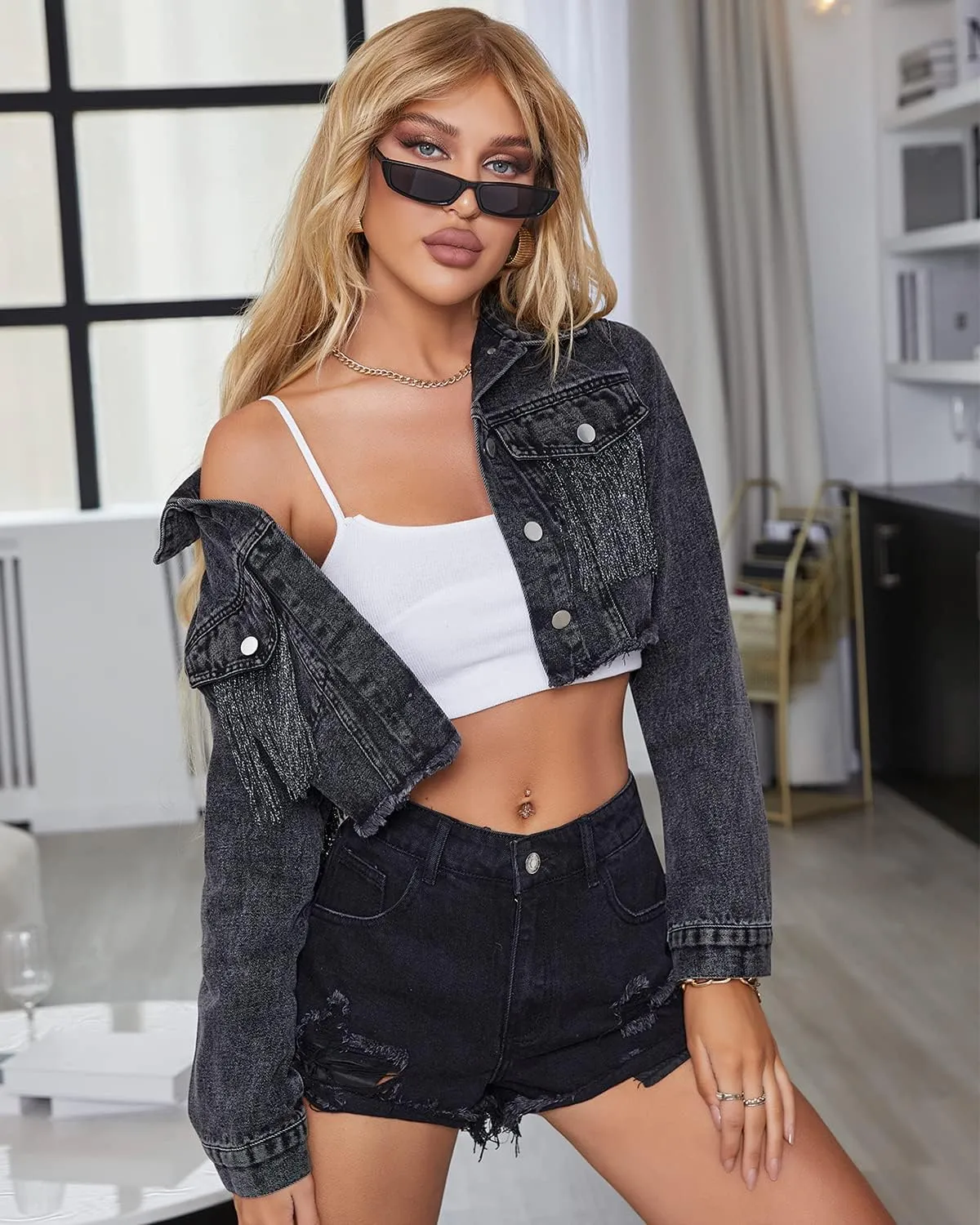 Womens Crop Denim Jacket Tassel Casual Jean Coat With Fringe
