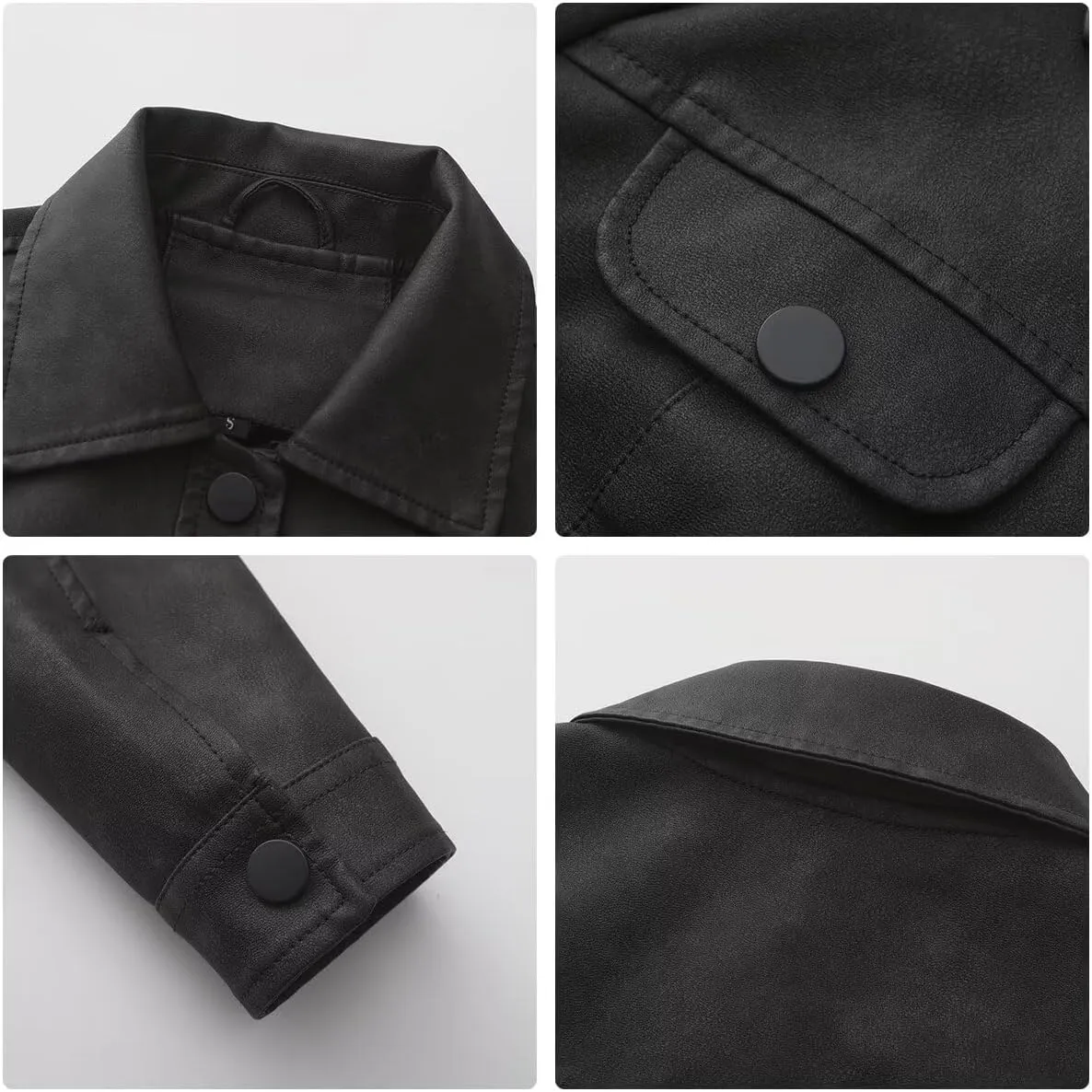 Women's Cropped Faux Leather Bomber Jacket Turn-Down Collar Flap Pocket Snap Retro Shape Coat