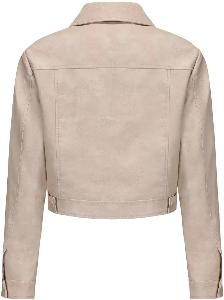Women's Cropped Faux Leather Bomber Jacket Turn-Down Collar Flap Pocket Snap Retro Shape Coat