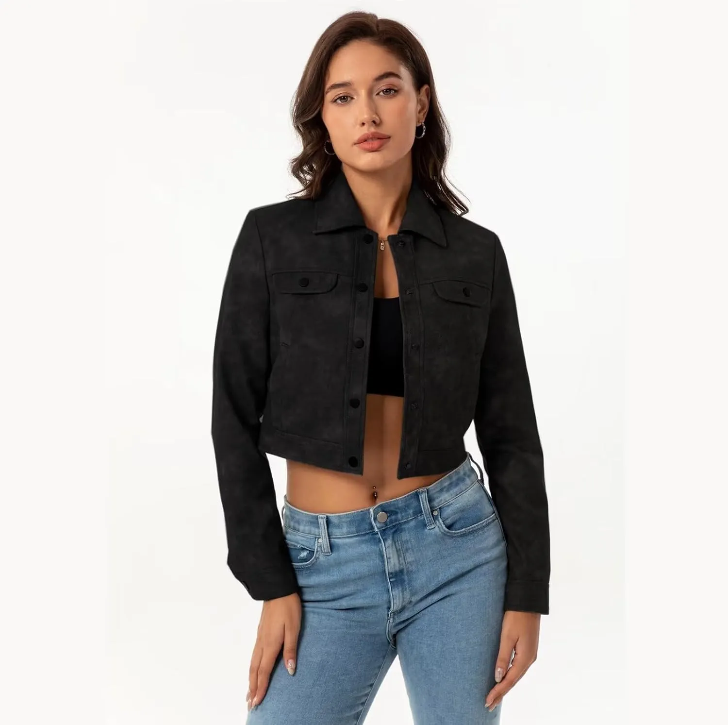 Women's Cropped Faux Leather Bomber Jacket Turn-Down Collar Flap Pocket Snap Retro Shape Coat