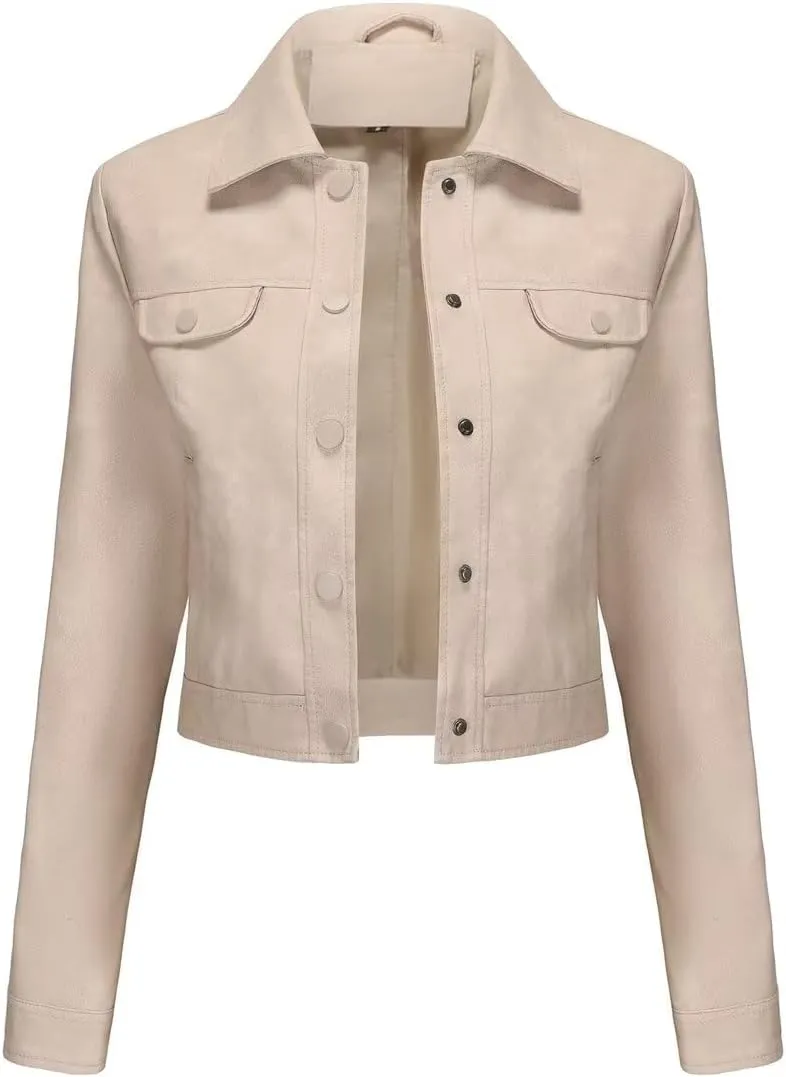 Women's Cropped Faux Leather Bomber Jacket Turn-Down Collar Flap Pocket Snap Retro Shape Coat