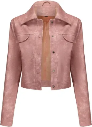 Women's Cropped Faux Leather Bomber Jacket Turn-Down Collar Flap Pocket Snap Retro Shape Coat