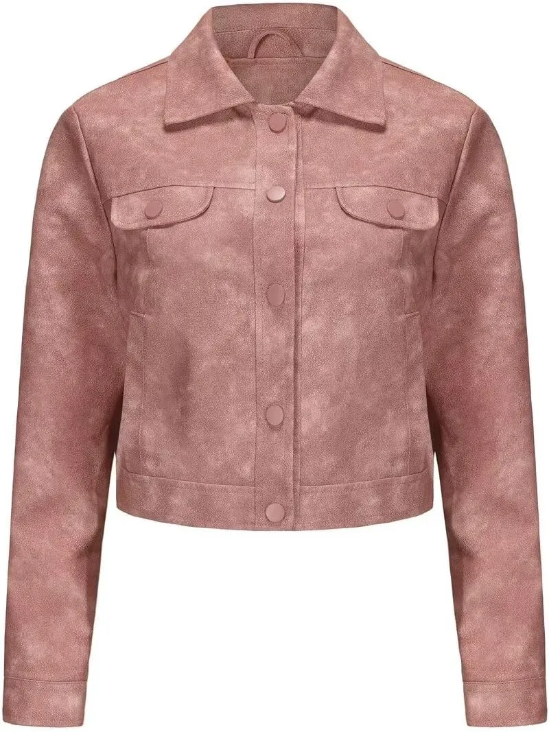 Women's Cropped Faux Leather Bomber Jacket Turn-Down Collar Flap Pocket Snap Retro Shape Coat