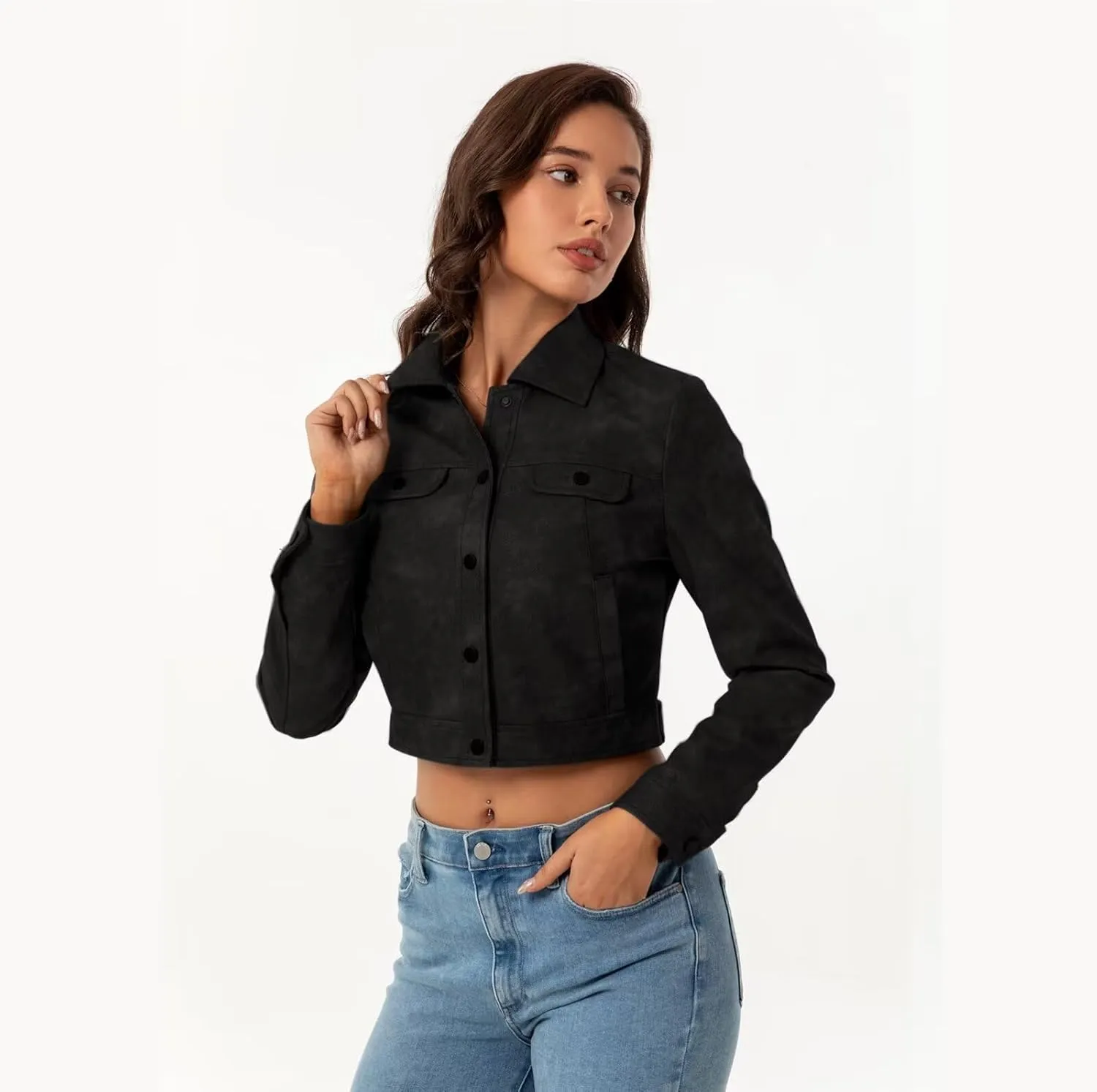 Women's Cropped Faux Leather Bomber Jacket Turn-Down Collar Flap Pocket Snap Retro Shape Coat