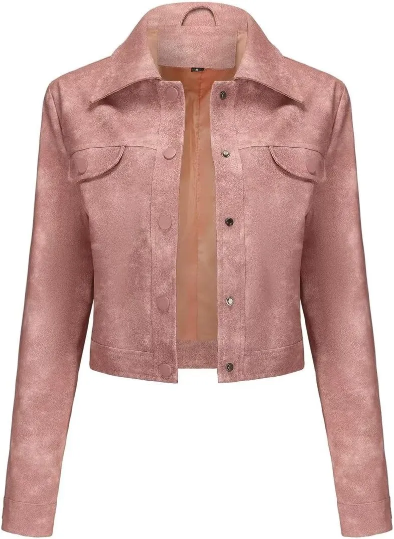 Women's Cropped Faux Leather Bomber Jacket Turn-Down Collar Flap Pocket Snap Retro Shape Coat