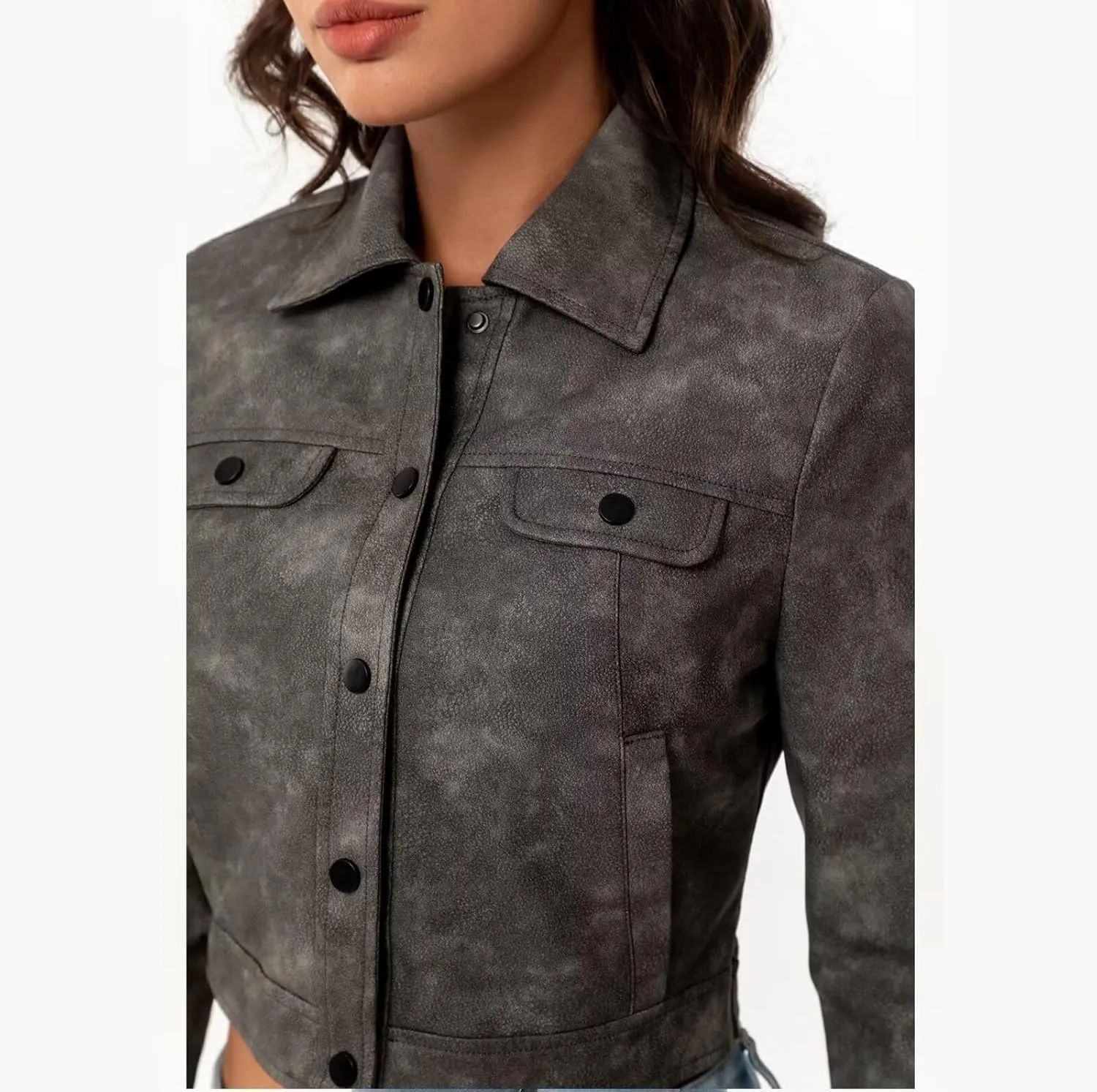 Women's Cropped Faux Leather Bomber Jacket Turn-Down Collar Flap Pocket Snap Retro Shape Coat