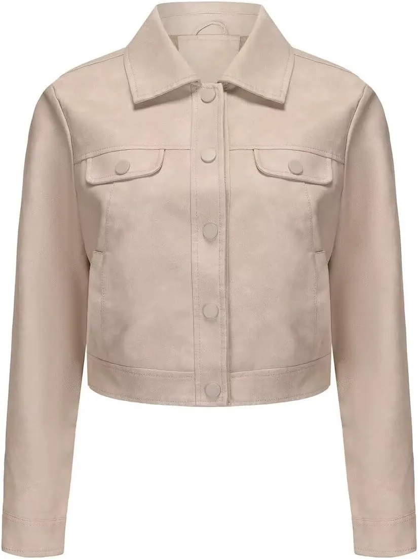 Women's Cropped Faux Leather Bomber Jacket Turn-Down Collar Flap Pocket Snap Retro Shape Coat