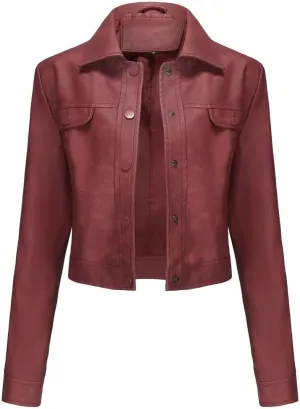 Women's Cropped Faux Leather Bomber Jacket Turn-Down Collar Flap Pocket Snap Retro Shape Coat
