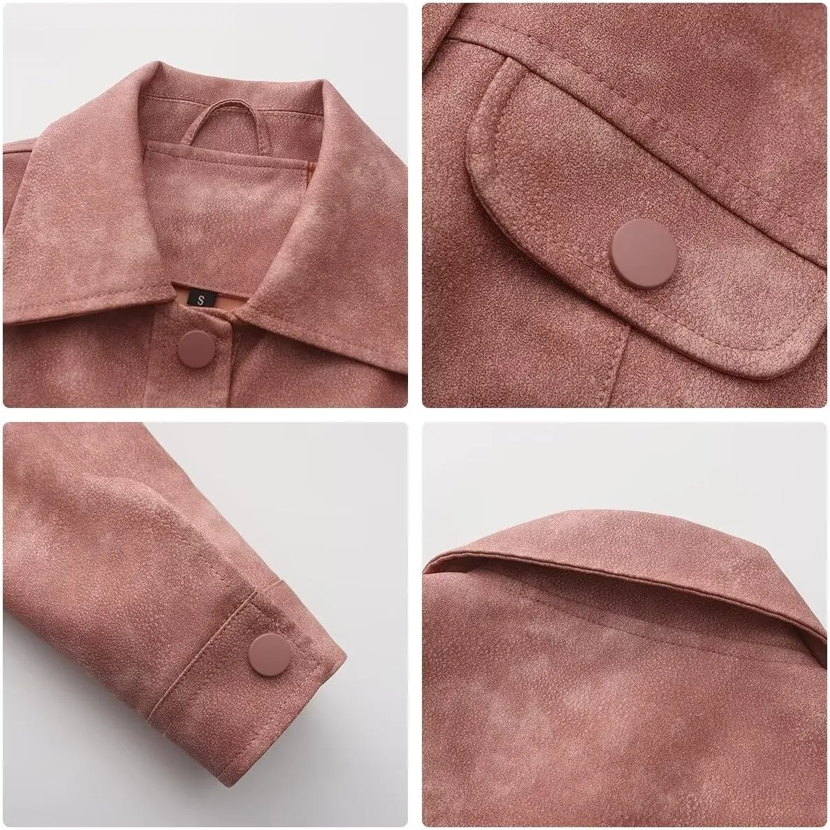 Women's Cropped Faux Leather Bomber Jacket Turn-Down Collar Flap Pocket Snap Retro Shape Coat