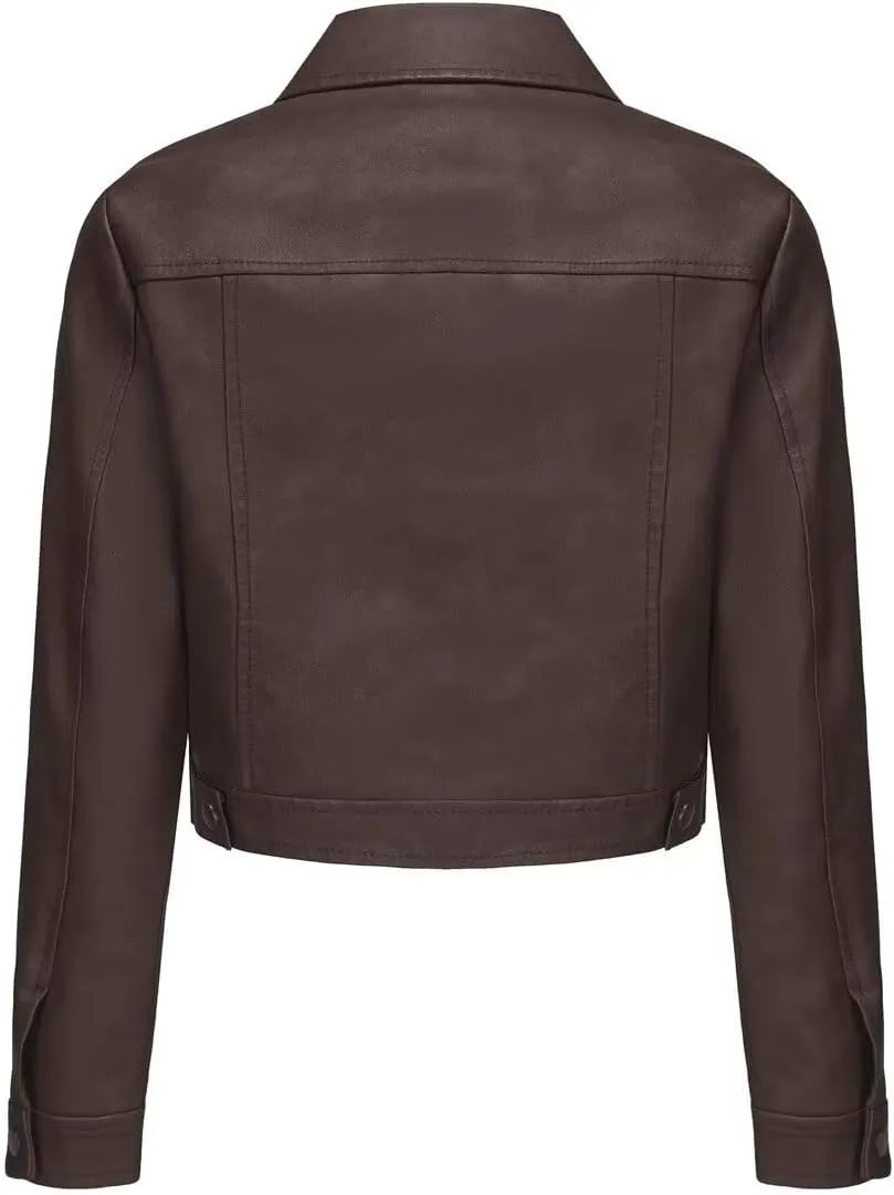 Women's Cropped Faux Leather Bomber Jacket Turn-Down Collar Flap Pocket Snap Retro Shape Coat