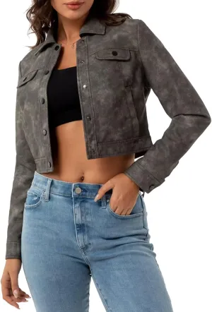 Women's Cropped Faux Leather Bomber Jacket Turn-Down Collar Flap Pocket Snap Retro Shape Coat