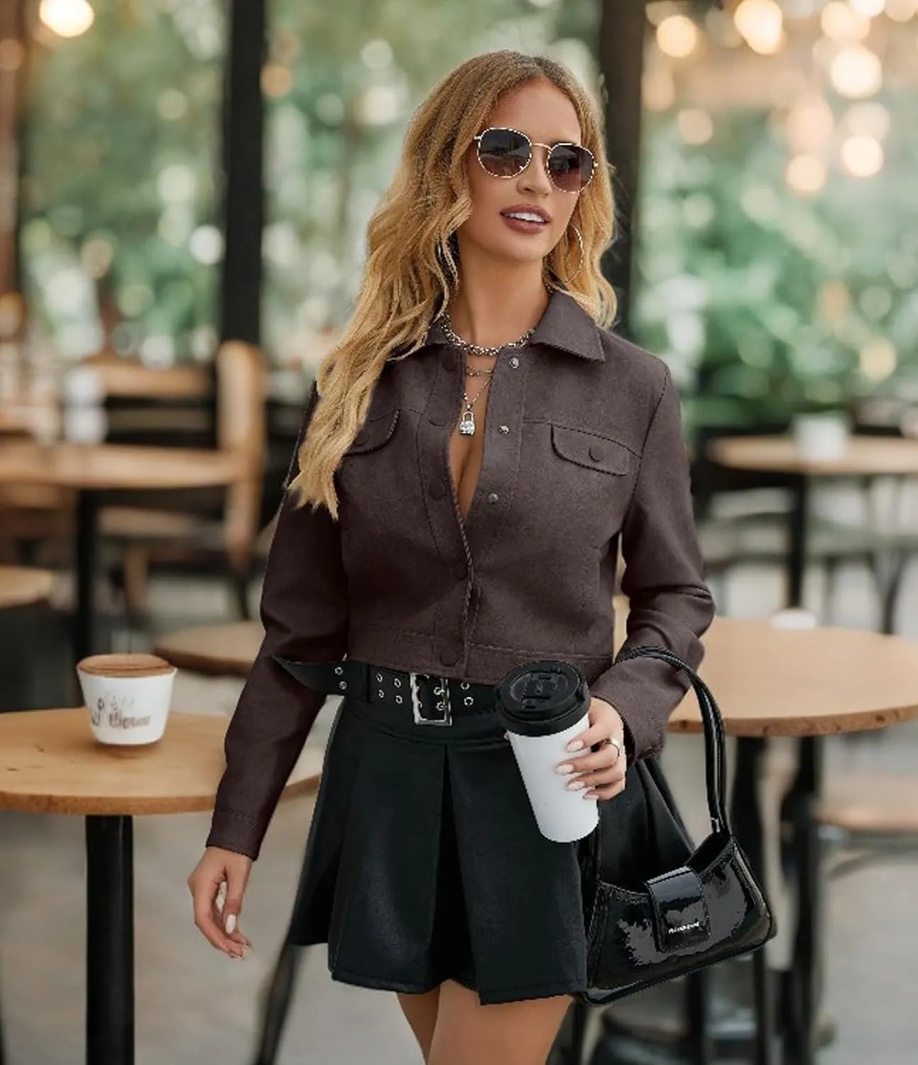 Women's Cropped Faux Leather Bomber Jacket Turn-Down Collar Flap Pocket Snap Retro Shape Coat