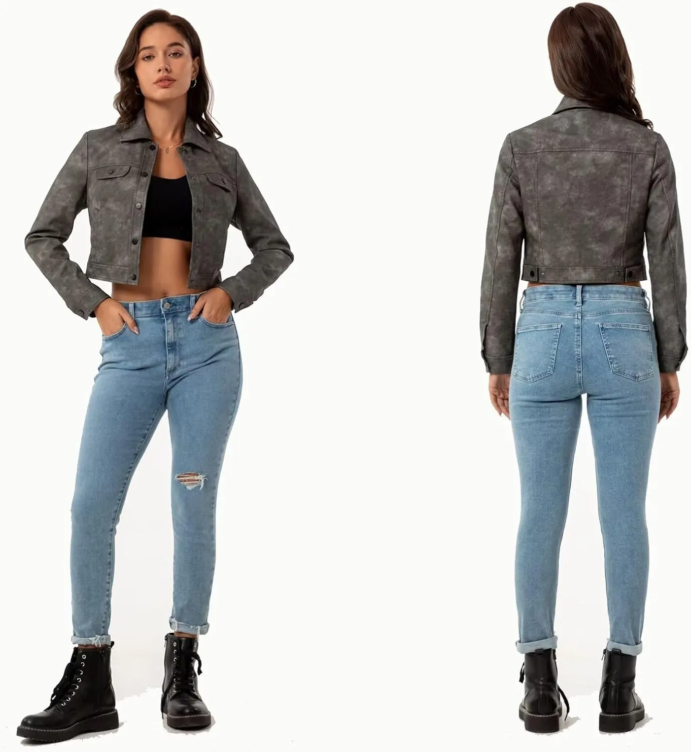 Women's Cropped Faux Leather Bomber Jacket Turn-Down Collar Flap Pocket Snap Retro Shape Coat