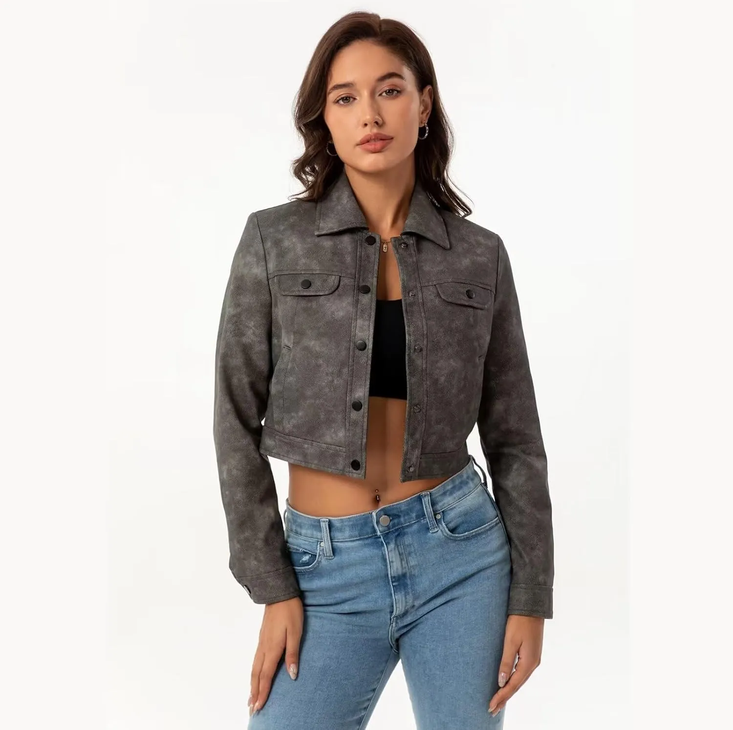 Women's Cropped Faux Leather Bomber Jacket Turn-Down Collar Flap Pocket Snap Retro Shape Coat